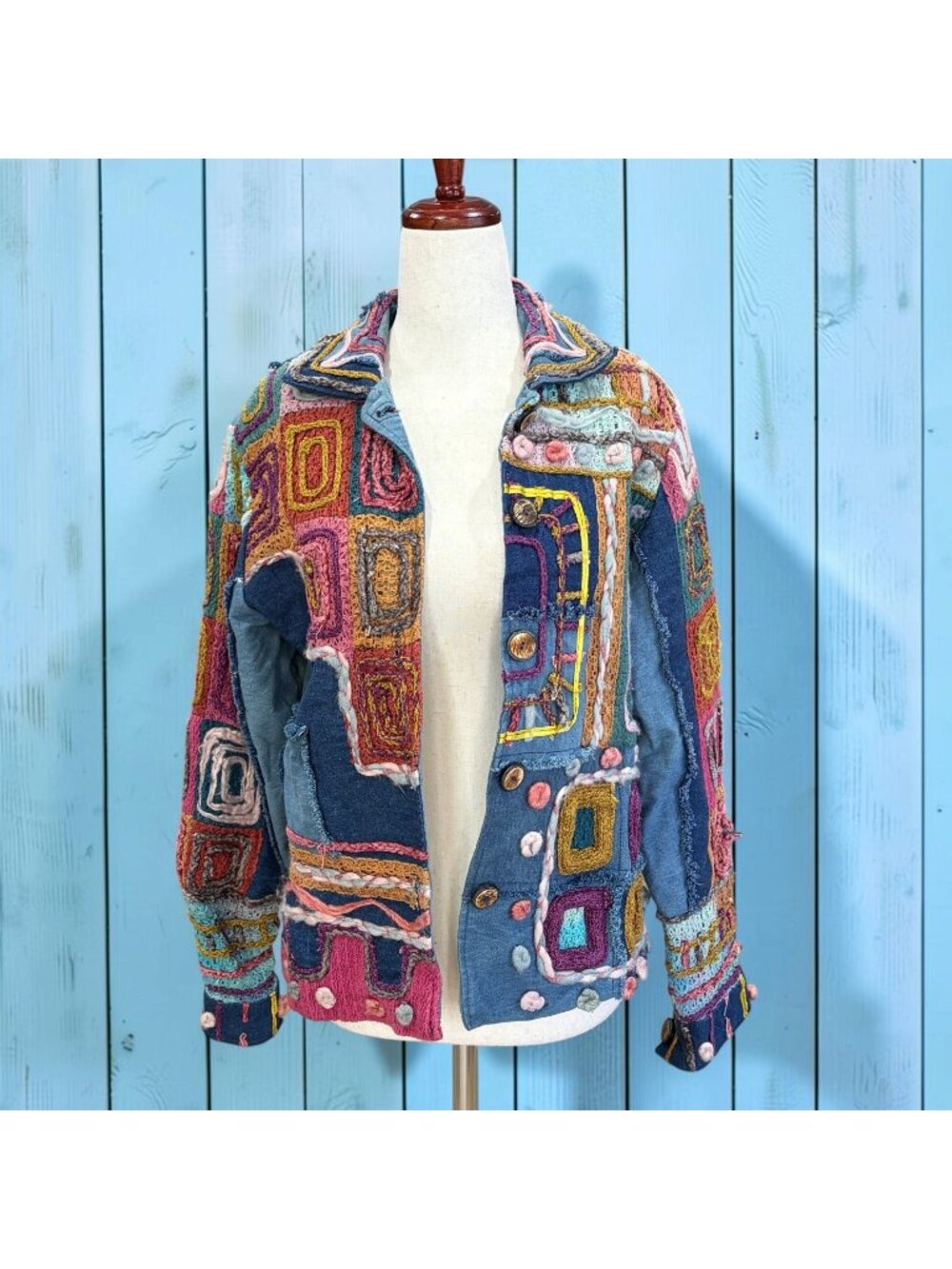 Vintage Sandy Starkman Denim Jacket Small Patchwork Embroidered Art to Wear